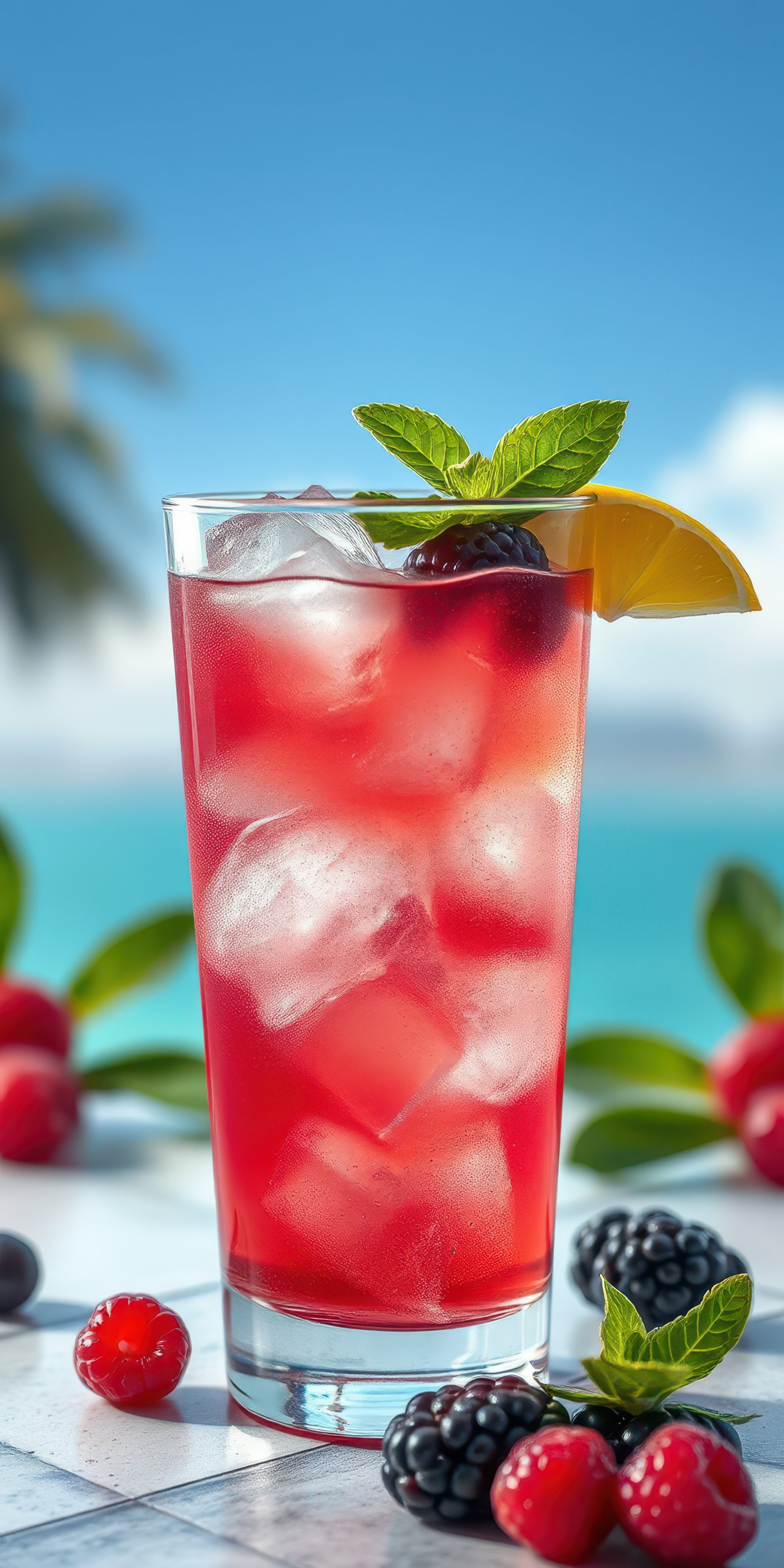 Refreshing berry beverage enjoyed by the beach during a sunny day with clear blue skies